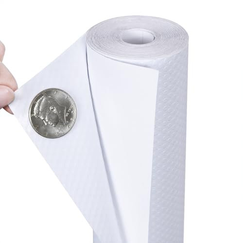 Hersvin Kitchen Drawer Liners 60cmx500cm Self-Adhesive Cupboard Liners, Cabinet Shelf Mats Non Slip Oil-Proof Waterproof EVA Plastic Protector Fridge Shelves Lining (White Flat Dot)