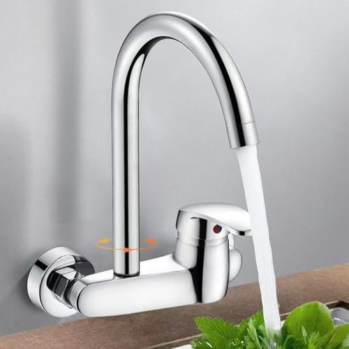 Messing Wandmontierte Küchenarmatur, Einhebelmischbatterie für Warm- und Kaltwassermischer, verchromt, platzsparendes Design für Waschbecken, Waschbecken, Balkon, Waschküche