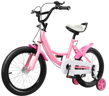 OUBUBY Vélo VTT enfant 16 pour garçons et filles à partir de 5 à 8 ans, léger, porte-bagages, hauteur réglable, avec stabilisateurs et freins à main (rose)