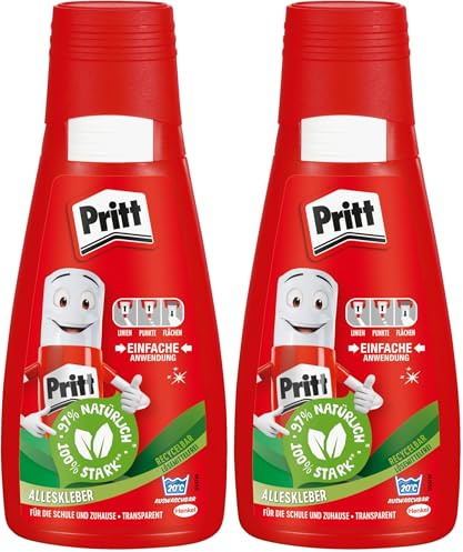 Pritt Alleskleber, schnell trocknender Kleber mit einfacher Anwendung, lösemittelfreier Flüssigkleber für Kinder, 100 g weißer Bastelkleber für viele Bastelmaterialien, 9H PAKA2 (Packung mit 2)