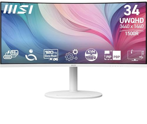 MSI Modern MD342CQPW Écran PC 34'' UWQHD incurvé 1500R - Dalle VA 3440 x 1440, KVM, PIP/PBP, Large Gamme de Couleurs, Confort des Yeux, Haut-parleurs intégrés, réglable sur 3 Axes - HDMI 2.0b, DP 1.4