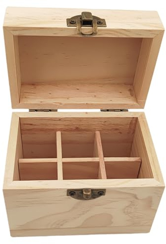 Anktily Caja de almacenamiento con 6 compartimentos, madera sin barnizar, con tapa, 11 x 7.5 x 9.5 cm, sin barnizar, para pequeños recuerdos, joyas, portabolsas de té
