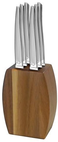 LOU LAGUIOLE - Blocco in legno di acacia con 6 coltelli da bistecca - Jet - Acciaio inossidabile 13 C, Finitura Satinata - 9 x 5 x 12 cm - Legno