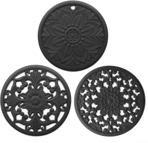 Lot de 3 tapis de cuisine antidérapants et résistants à la température pour plats chauds et ustensiles de cuisine (noir)
