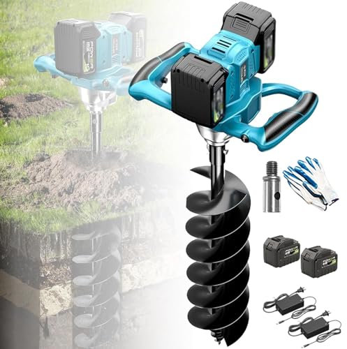 QYLTTDM Trivella Elettrica per Pali da 1200 W, Trivella a Spirale per Recinzioni, velocità di Perforazione 350-850 Giri/min, Trivella per Pali da Terra, con 2 Batterie, 6 Marce Regolabili