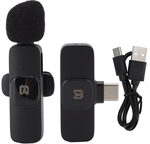 NutriEss Microfono Lavalier wireless microfono a 360 gradi di tipo C Plug e riproduci mini microfono per la registrazione in streaming in streaming nero incorporato nella batteria da 70 mAh
