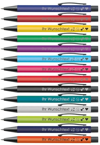 Kugelschreiber mit mattfarbigem Schaft & Metallclip | Blaue Mine | Wunschgravur (zweizeilig) | Farbmix verfügbar | Personalisierter Kugelschreiber als Werbegeschenk | 14 Farben (Mix, 25)