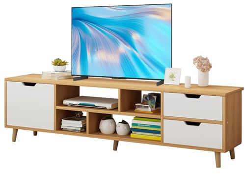 Moderno supporto TV per TV fino a 60 pollici, elegante console multimediale con 3 cassetti e ripiani aperti, perfetto per soggiorno e camera da letto, centro intrattenimento bianco