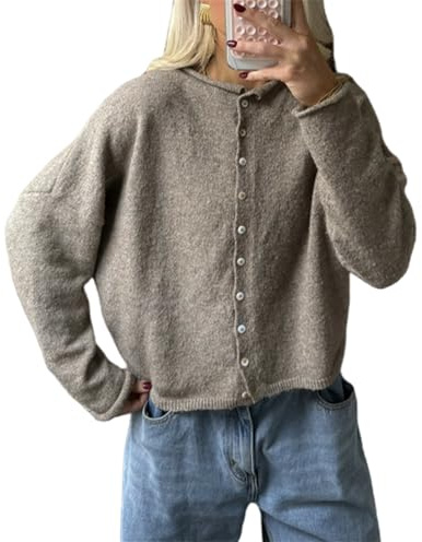 Women Knitted Cardigan Sweaters Long Sleeve Button Down Loose Knitwear Tops Y2k Vintage Jumper Knit Shirt (Dark Brown #A, S)