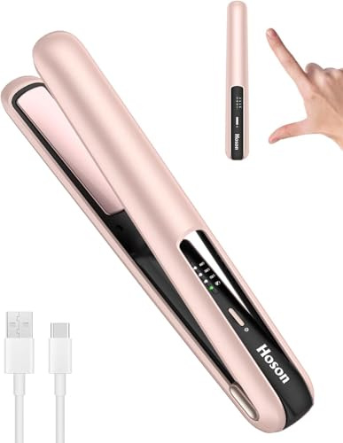 Cordless Hair Straightener,Portable Mini Flat Iron Travel for Bangs,Short Hair, Rechargeable Curling Iron and Curler 2 in 1,Pink,for Touch Ups