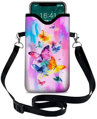 otilil Neoprene Cell Phone Sleeve Pouch Case Bag with Crossbody Strap/Neck Lanyard for Women 7.1 X 3.9 in Tie Dye Butterfly