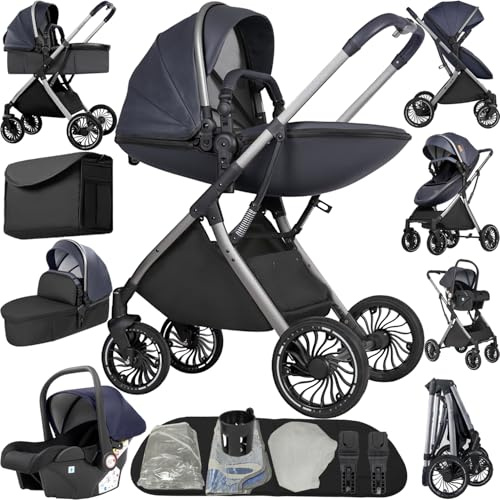 Magic ZC 4 in 1 Pushchair Pram Baby Stroller, Travel System 4 in 1 with Reversible Two Pushing Modes, Newborn Infant Buggy with One-Click Folding, Toddler Carriage Aluminium Frame (688 Blue)