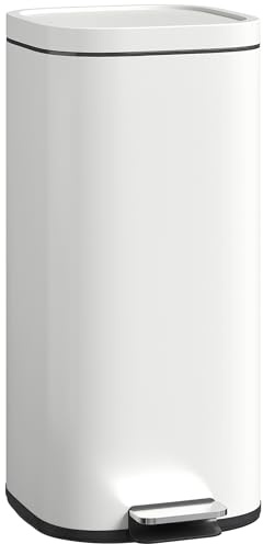 HOMCOM 30L Kitchen Bin with Lid Compact Pedal Bin Soft-Close Cream White | Stay-Open Lid, Removable Inner Bucket, Fingerprint-Resistant, Kitchen, Home Office, Bedroom