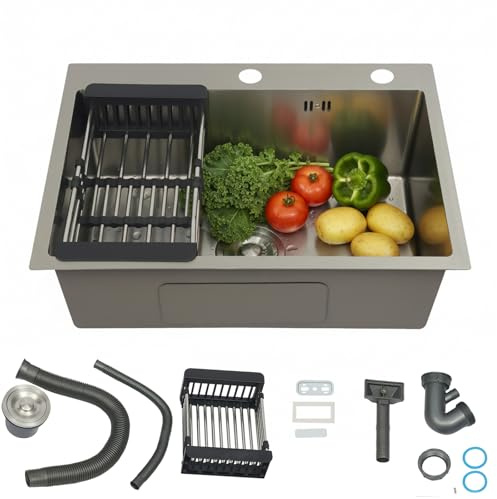 Fregadero de cocina 60x45 cm, fregadero de acero inoxidable para cocina, empotrable rectangular de 1 pila, con 2 orificios para grifo, incluye sifón y cesto filtrante, lavabo de cocina para mueble