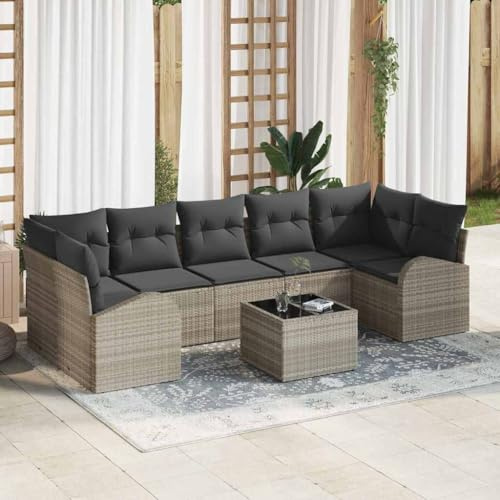 Hoopleep Garten-Sofa-Set mit Kissen, 8-teilig, Hellgrau, Dunkelgrau, Poly-Rattan, Modulares Loungeset für Terrasse, Balkon, Außenbereich