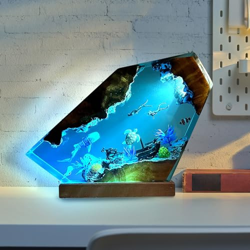 3D Ozean Harzlampe, Handgefertigte Tischleuchte aus Holz und Harz, Kunstobjekte mit USB-Anschluss für die Dekoration von Zuhause und Büro, Geschenkidee für Taucher zum Geburtstag oder Feiertag