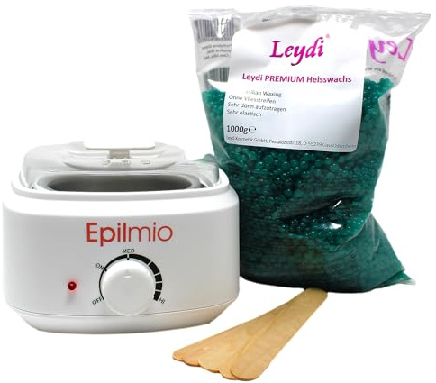 Leydi Brazilian Waxing Set Basic Azulen – Elektrischer Wachserhitzer mit 1000g Heißwachsperlen – Waxing Set für Zuhause – Inkl. Spatelset – Für Intim, Körper & Gesicht