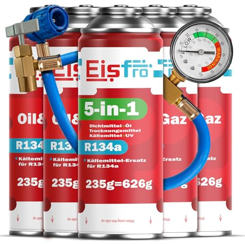 Eisfro 5-in-1 + 4x Ricarica climatizzatore auto R134a 235 g con olio, sigillante, tracciante UV e disidratante + tubo – Protegge il compressore