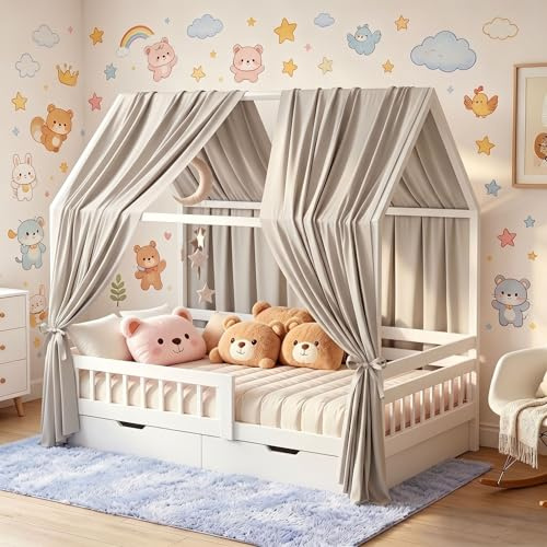 Penbinmall 2 Stück Hausbett Himmel, Betthimmel Babybett aus Musselin,Weich und atmungsaktiv Baldachin Kinderzimmer Deko,Hausbett Himmel Deko Set für Mädchen & Jungen-62 x 270cm Beige