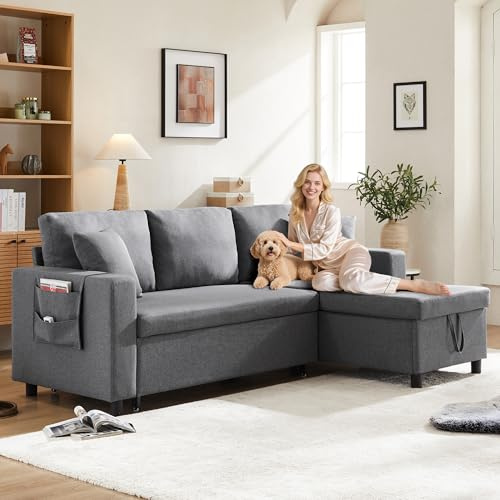 staronce L-Form Schlafsofa mit Stauraum & austauschbarer Chaiselongue – Ecksofa 219 cm mit Seitentaschen, Leinen dunkelgrau – multifunktionales Gästebett für Wohnzimmer, Familie & Studenten