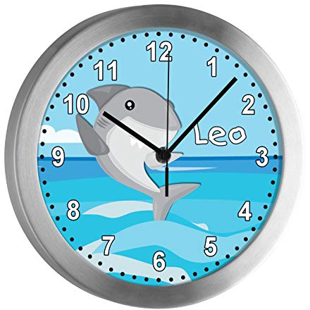 CreaDesign Kinder Funkwanduhr mit (Wunsch) Namen | Kinderzimmer Funkuhr| mit Analog ? Ziffernblatt | geräuscharm | Wanduhr Kind | Motiv Hai