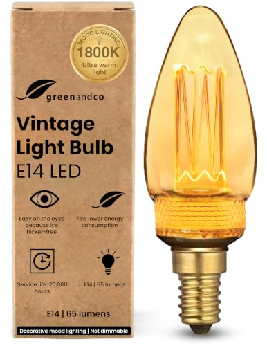 greenandco Vintage Design LED Birne zur Stimmungsbeleuchtung | E14 C35 | gold | 2W 65lm | 1800K extra warmweiß | 320° | 230V | flimmerfrei | nicht dimmbar | Edison Glühbirne