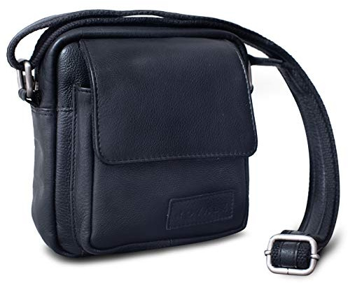ROYALZ 'Austin' Pequeño Bolso Mensajero para Hombre Bolsa de Hombro Masculinode Cuero Auténtica Mini Bandolera de Piel, Color:Negro