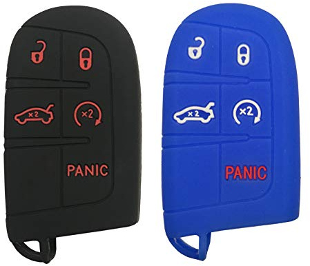 Silicone Smart Key Fob Skin Cover Case Protector 5 Buttons Keyless Jacket Remote Bag Fit for Jeep Grand Cherokee Dodge Challenger Charger Dart Durango Journey Chrysler 300 (Black with Red + Blue)