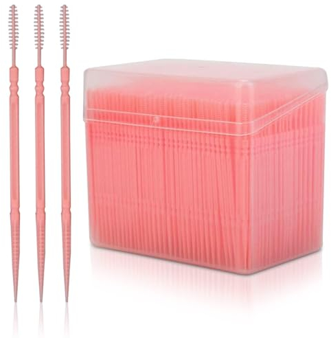 1100 Pcs Cure-Dents En Plastique, Brosse De Nettoyage Dentaire Outil De Nettoyage Des Dents À Double Tête Brosse Bâtons De Dents Bâton De Fil Dentaire Avec Étui Transparent Pour Soins Bucco(Rose)