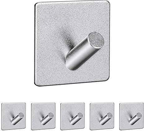 SISYS Klebehaken, 6 Stück Haken Selbstklebende 3M Wandhaken Handtuchhaken Ohne Bohren für Badezimmer Küche Wohnzimmer Aluminiumlegierung Tür Haken Wand,Silber