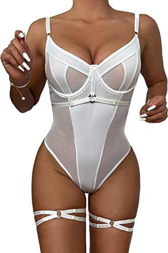Aranmei Bodysuit für Damen Sexy Bügel Oberteil Mit Druckknopf im Schritt Mit Beinriemen und Tanga Bodysuit Dessous Set