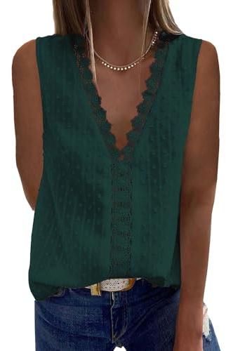 Coloody Camicette da Donna Camicia Scollo a V Senza Maniche Camicia in Pizzo Tunica Camicette Eleganti in Chiffon Camicetta Estiva Gilet Tops(Verde) L