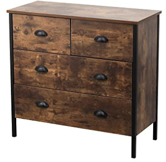 Alpha Wooden and Metal Chest of Drawers with 2+2 Drawers Storage Unit Cabinet Bedside Tables Cupboard Storage Tables Industrial Style Bedroom Furniture, W79×D35×H75cm