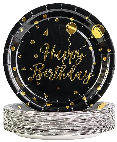 BOKFJBP Lot de 50 assiettes en papier noir doré, 18 cm, pour fêtes d'anniversaire pour enfants, vaisselle jetable, Noël, Nouvel An