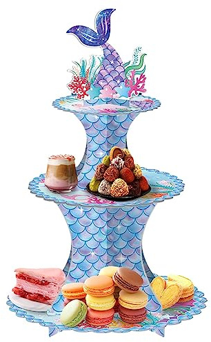 Tsuchiya Soporte para tartas de sirenas, 3 niveles, soporte para cupcakes, de cartón, para bodas, fiestas, cumpleaños, baby showers, tartas, postres