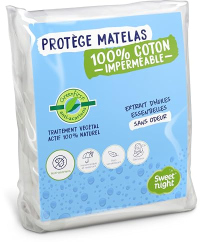 SWEET NIGHT - Protège Matelas 140x200 cm Greenfirst® | Traitement Végétal : Actif 100% Naturel et Anti-Acariens | Alèse Imperméable | Molleton 100% Coton | Absorbant et Silencieux