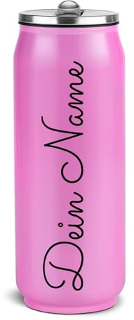 Print Royal PR Edelstahl-Trinkflasche personalisiert mit Name - Cola-Dosen-Optik, Geschenk für Freunde und Familie | Doppelwandig, Klappbares Mundstück mit Trinkhalm, Pink, ca. 420 ml