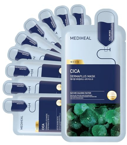 Mediheal Dermaplus Cica Mask (10 Counts) - Daily Vegan Mask for Calming Skin with Panthenol & Hyaluron, Korean Self Skin Care Sheet Mask