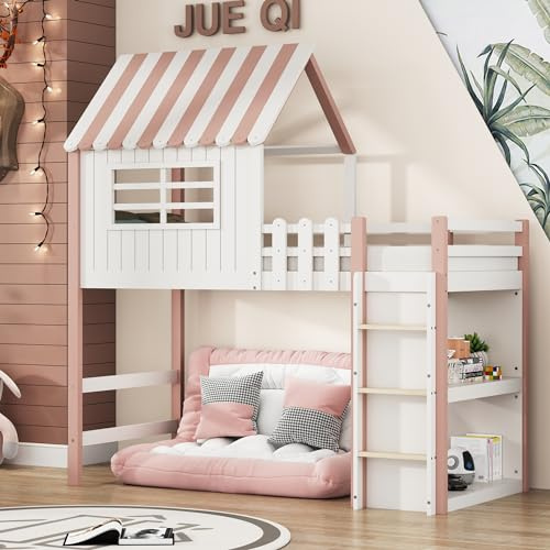 ZYLOYAL10 Kinderbett 90x200 cm hoch und niedrig Bett für Jungen und Mädchen Heimbett Dachform mit Sicherheitsleiter mit Ablagefach Multifunktionsbett Massivholzbett mit Lattenrost (Rosa)