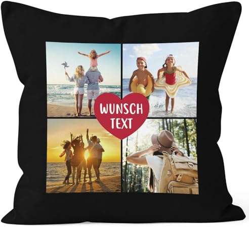 SpecialMe® Kissen-Bezug mit Foto-Collage 4 eigene Bilder und Wunschtext persönliche Geschenkidee personalisierbar Baumwolle Schwarz Standard