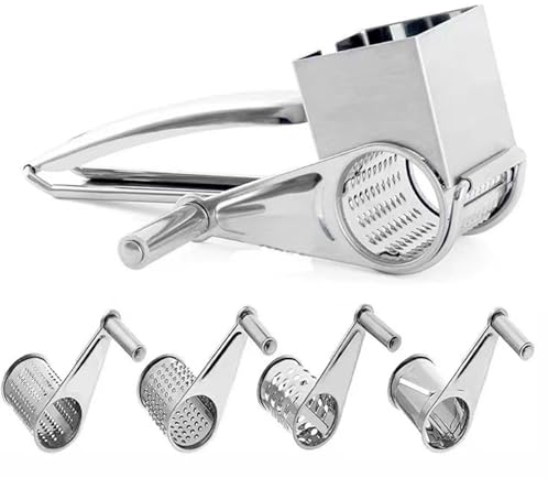 Rallador de queso, rallador de queso giratorio de acero inoxidable con 4 cabezales de corte y soporte, rallador de queso de manivela para parmesano, ajo, jengibre, verduras, chocolate, nueces