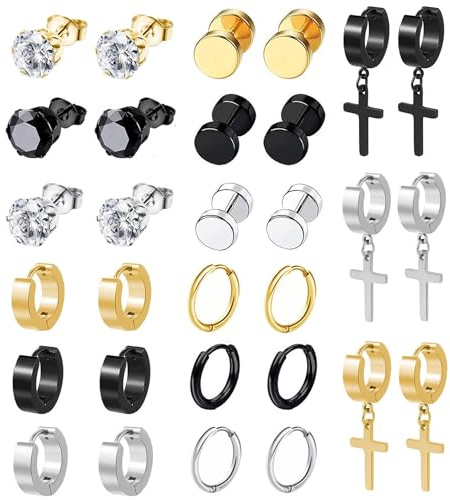 BVLAGIDA 15 Paar Herren Ohrringe Edelstahl, Kreuz Anhänger Ohrringe Set, Fake Plugs Ohrringe, Zirkonia Ohrstecker für Herren Damen, Silber/Schwarz/Gold