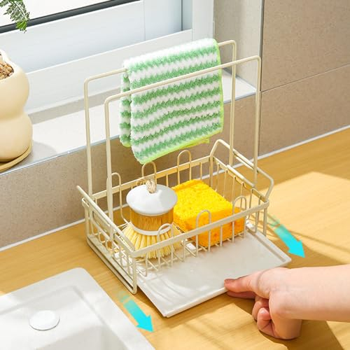 Sink Rag Drain Rack, Sponge Rag Rack Dishcloth Drying Rack Sink Faucet Detergent Sponge Holder Organizer for Kitchen Countertop (Cream)