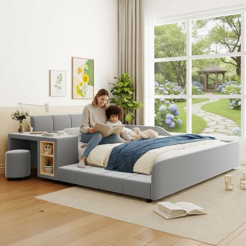 Merax Queen Upholstered Plush Velvet Mother and Baby Bed with Cushioned Ground,Bedside Table and Round Stool，Grey