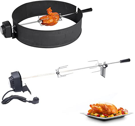 WOLEGM Edelstahl Drehspieß, 220-240V BBQ Grill Automatische 360°-Drehung bis 5-8kg mit 4W-Motor, 4 Fleischklammern für Fisch, Steak, Gemüse, Würstchen