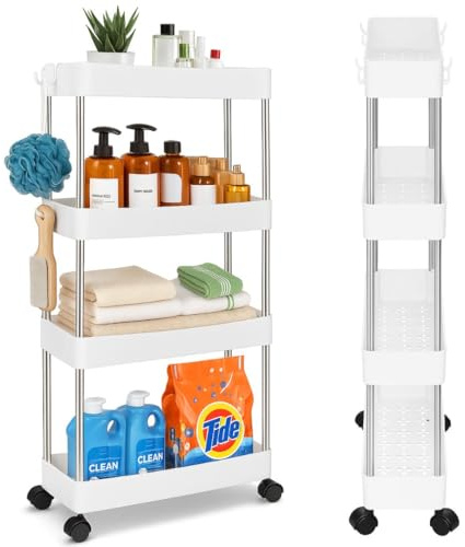 ZUNOVI Carrito Auxiliar con Ruedas de 4 Niveles | Estantería Multifuncional para Baño, Cocina y Hogar | Organizador Móvil con Ganchos y Ruedas Giratorias 360° | Carro de Almacenamiento rodante
