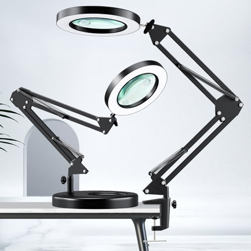 HITTI 10X & 30X Magnifying Glass with Light, 1800 Lumens Stepless Dimmable, 3 Color Modes, 4.2″ Real Glass Lens LED Desk Lamp with Clamp, Magnifier Light and Stand for Craft Reading Hobby-Black