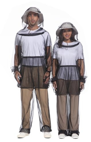 6-Piece Mosquito Suit-Jacket With Hood/Pants/Mitts/Gift Bag/Sun Hat/Tape Measure-Full Body Protection from Insects Bugs-Lightweight Breathable Mesh Clothing for Men Women-Ideal for Outdoor Activities