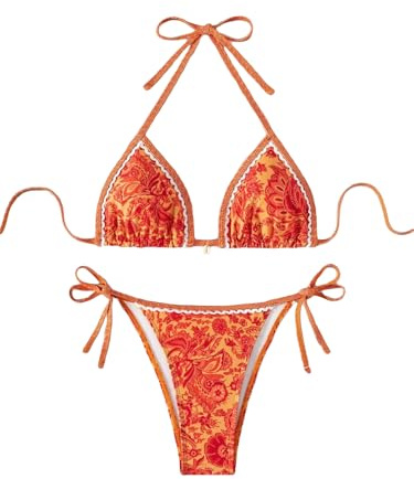 BYFINECANY Maillot de Bain pour Femme Imprimé Floral Dos Nu Paisley Été Maillot de Bain Bikinis, Orange, Taille S