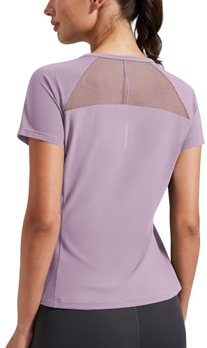 Pioneer Camp Maglietta sportiva da donna a maniche corte, traspirante, ad asciugatura rapida, con inserto in rete sulla schiena, per fitness, palestra, yoga, attività all'aperto, Lilla, M